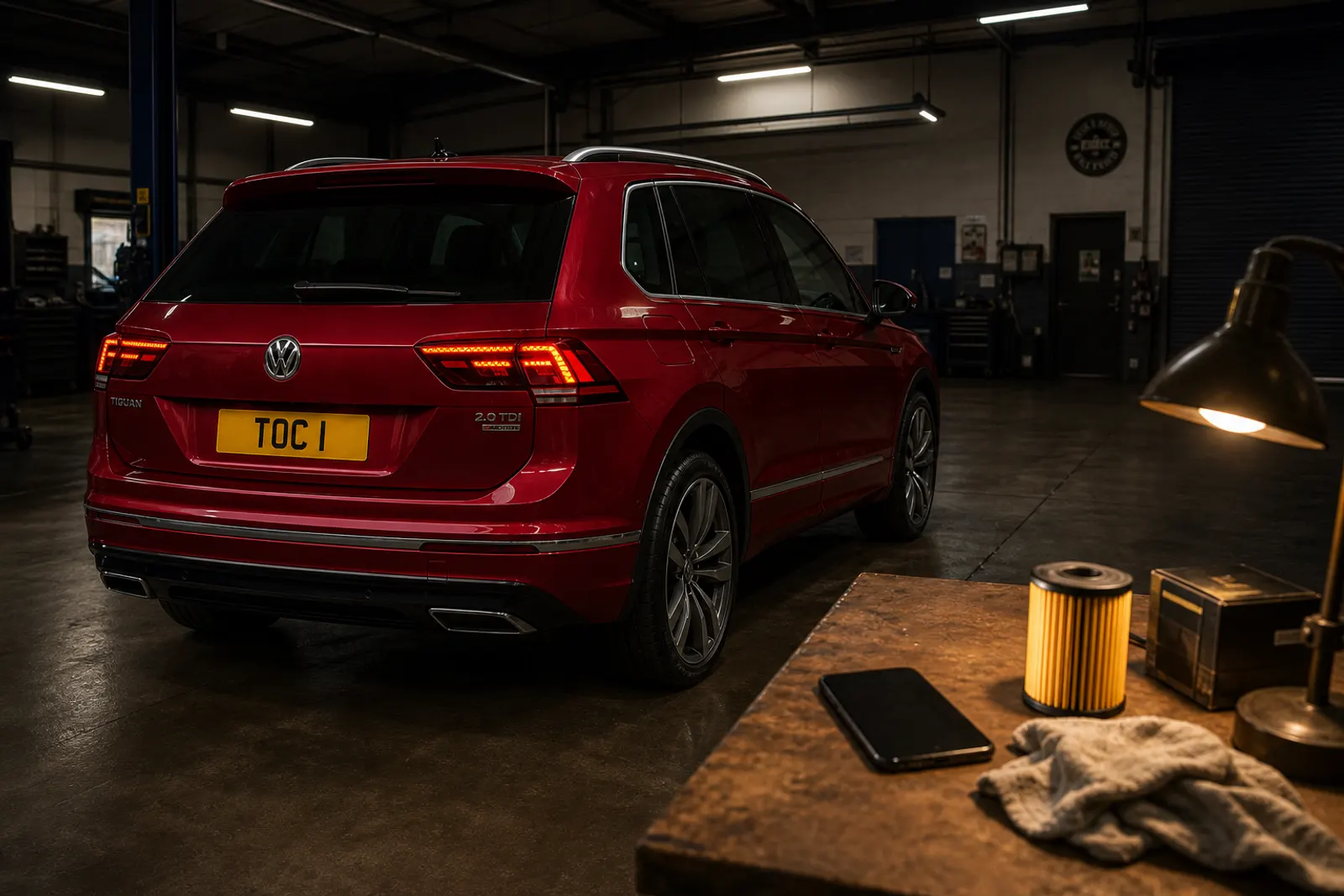 Garage bay with a ruby red Volkswagen Tiguan (plate TOC 1) and a workbench of service parts