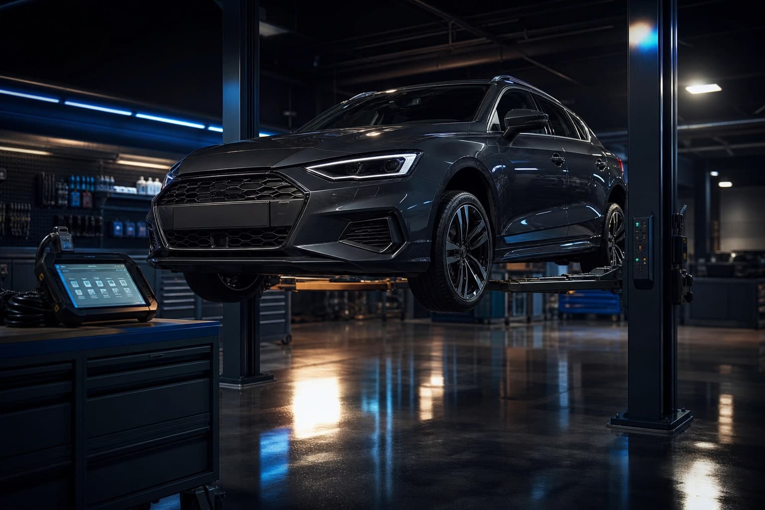 Dark SUV on a two-post lift in a premium inspection bay, headlights on, diagnostic tablet on a tool cabinet