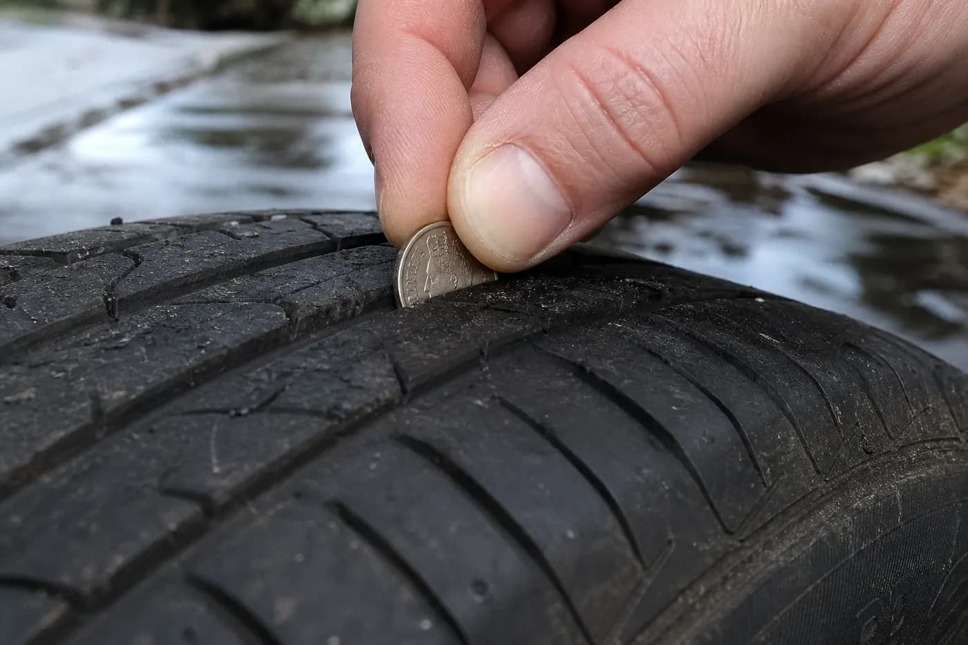 A 20 pence coin used to check tyre tread depth