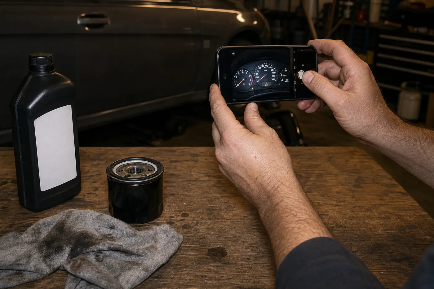 Photographing the dashboard mileage next to a new oil filter during a home oil change