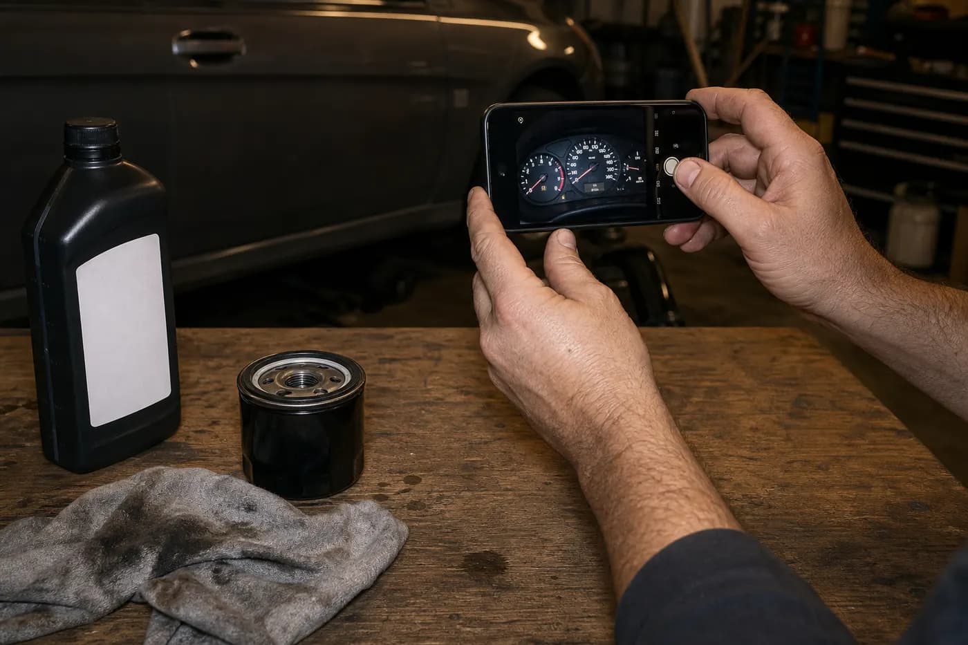 Photographing the dashboard mileage next to a new oil filter during a home oil change