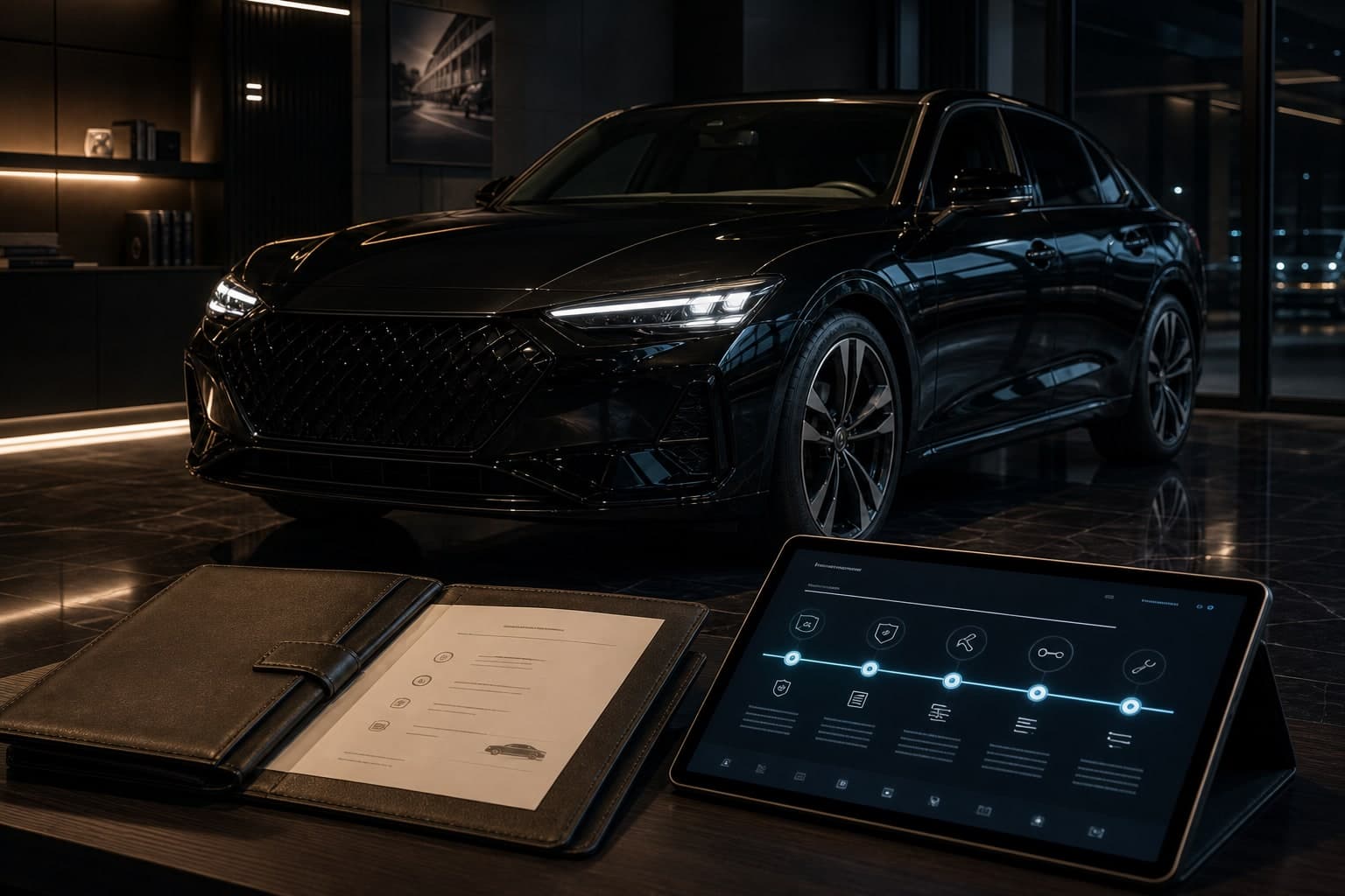 Open service binder and tablet with a digital service timeline on a table, black sedan in a showroom behind