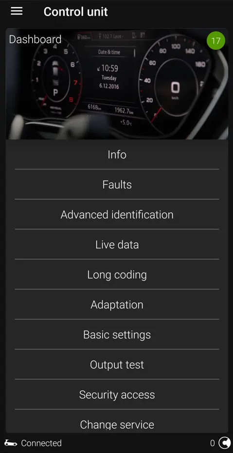 Menu OBDeleven Dashboard Control Unit 17 con Adaptation e Long Coding