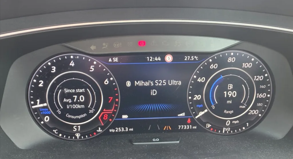 VW Tiguan AID cluster showing 7.0 l/100km average since start over 253.3 miles