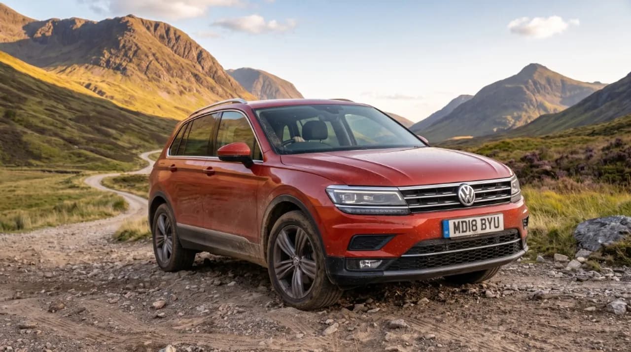 Red 2018 VW Tiguan MK2 (MD18 BYU) on a mountain gravel track at sunset — authentic community owner photo
