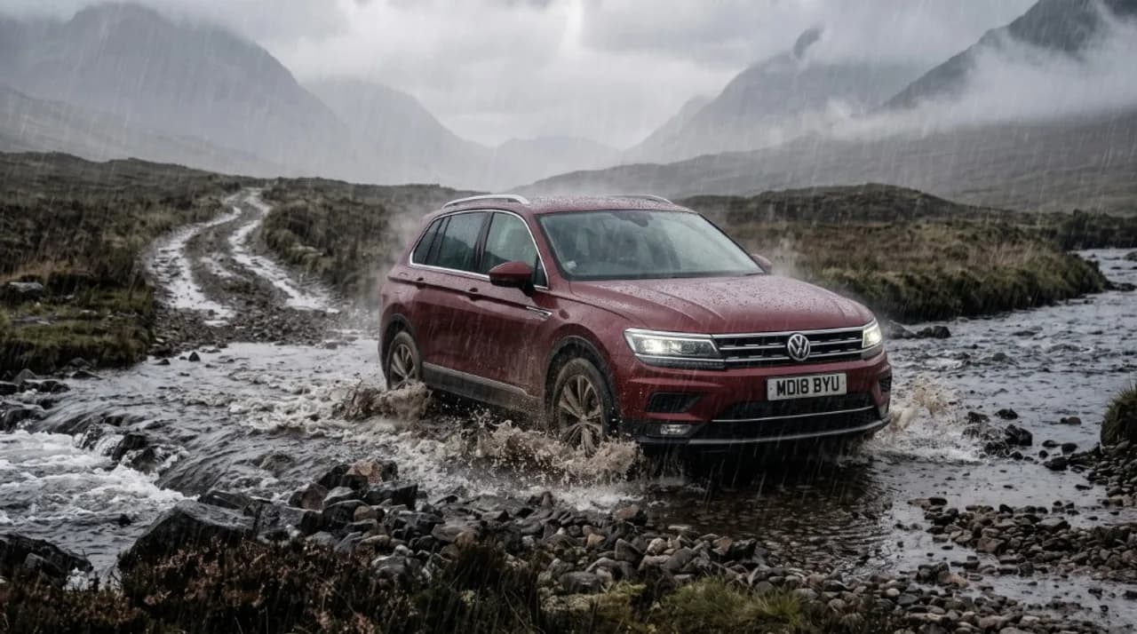 Red VW Tiguan MK2 (MD18 BYU) fording a mountain river in rain — authentic community 4Motion owner photo