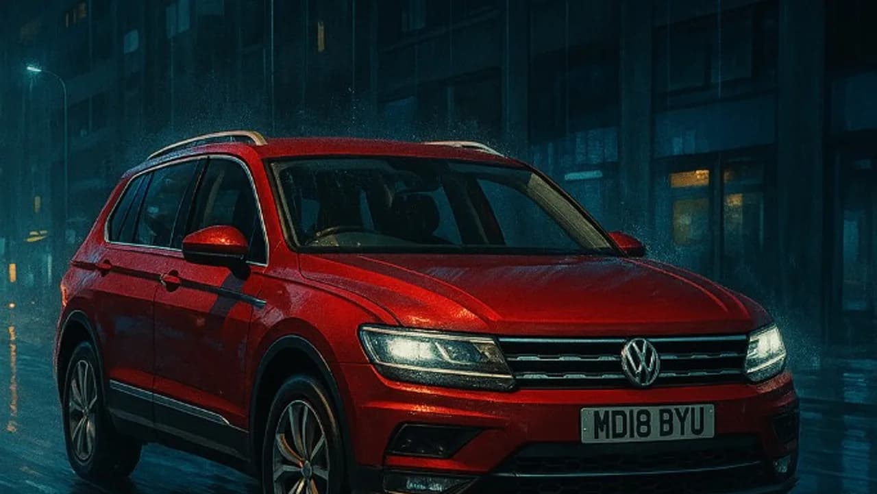 Red VW Tiguan MK2 (MD18 BYU) on a wet city street at night — authentic community owner photo