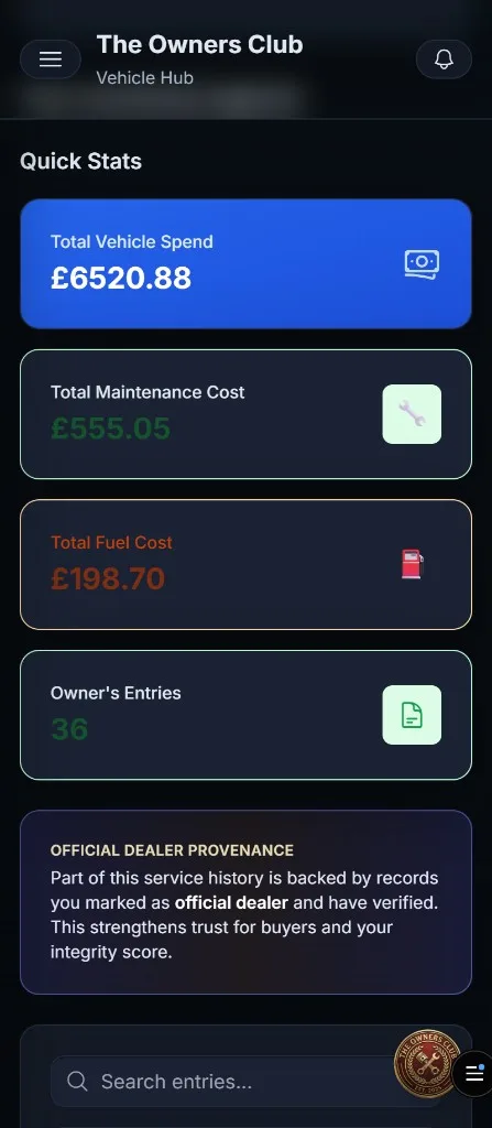 The Owners Club digital garage showing total vehicle spend, maintenance costs and official dealer provenance on mobile