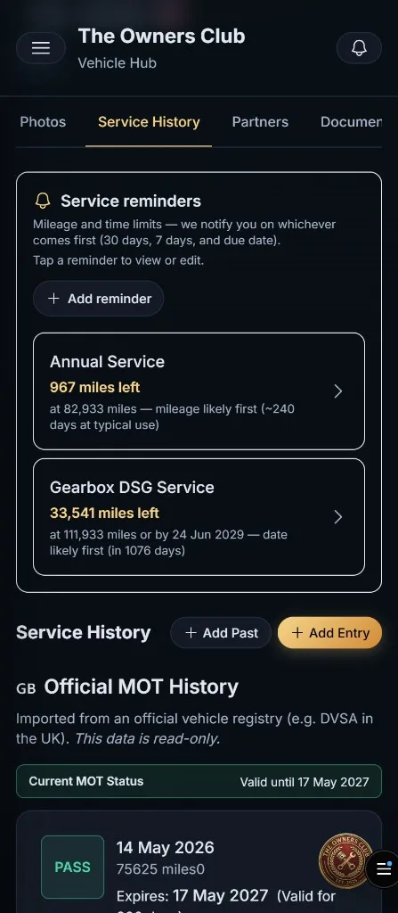 The Owners Club mobile service history logbook with maintenance entries, reminders and add entry for digital car records